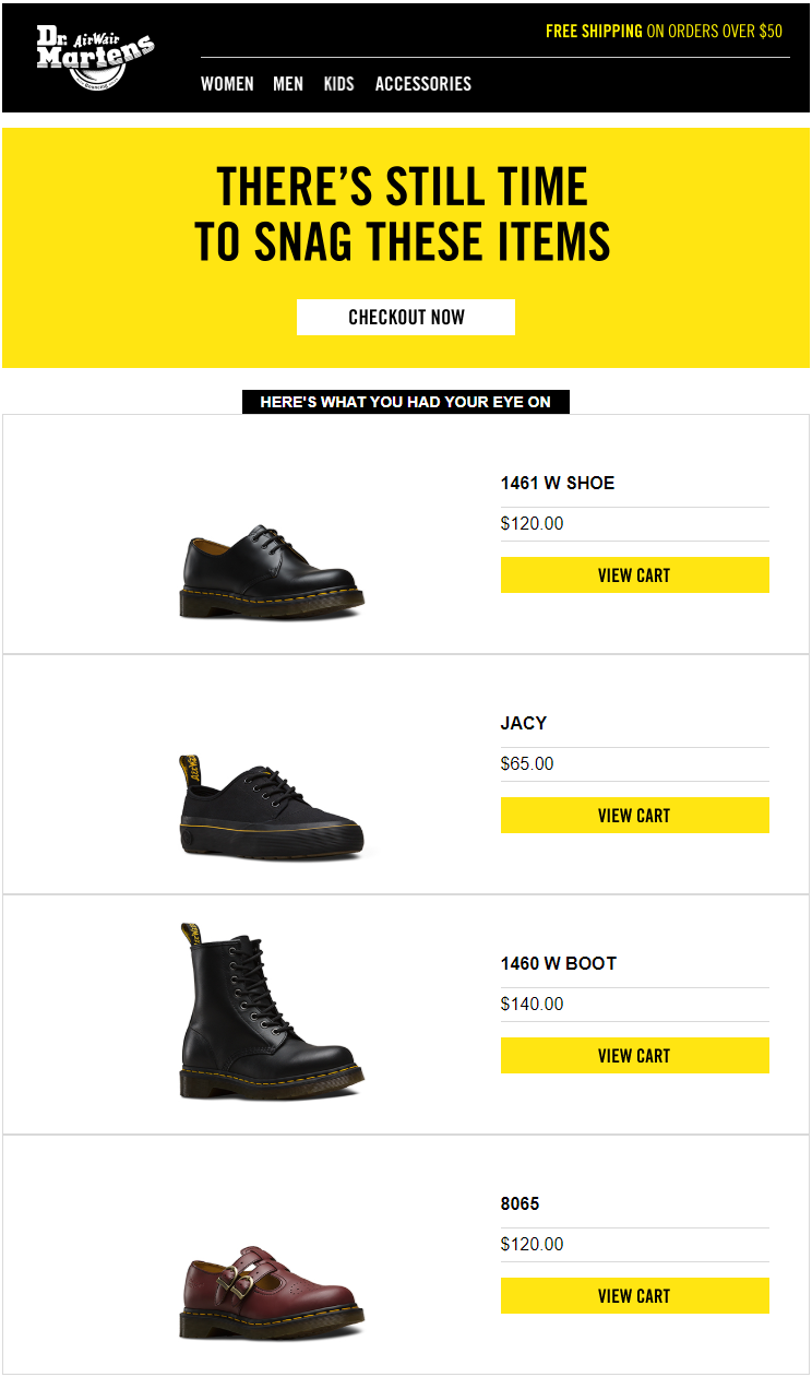Un email de panier abandonné de Dr. Martens