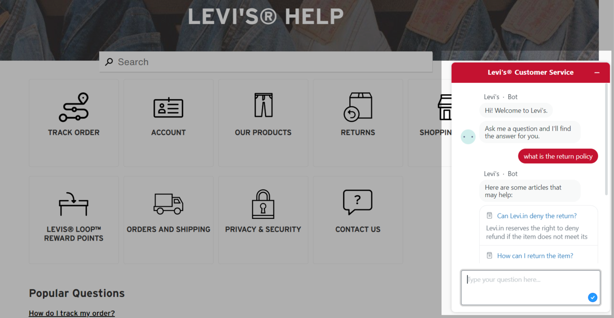 Le chatbot de Levi's sur leur site de commerce électronique
