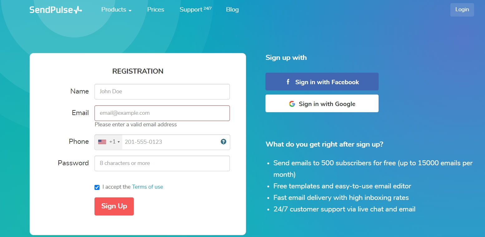 SendPulse registration form SendPulse registration form