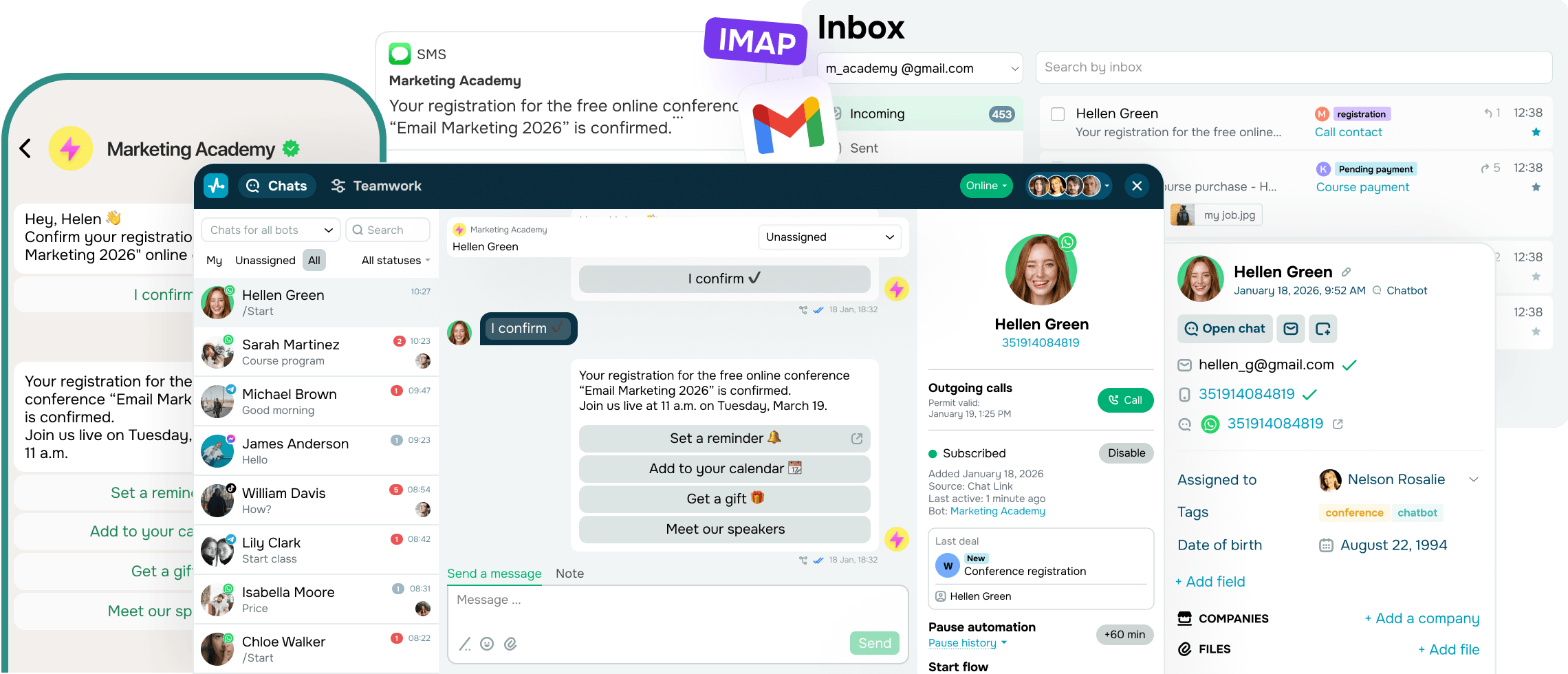 SendPulse rassemble toutes vos conversations dans un seul espace de travail, notamment :